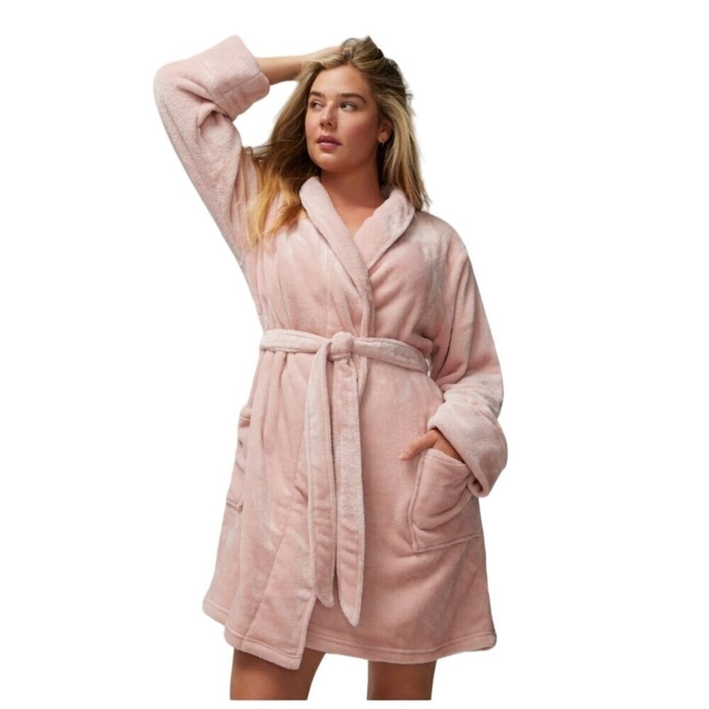 Soma Womens Robe Size L XL Plush Short Belted Pockets Blush Pink‎